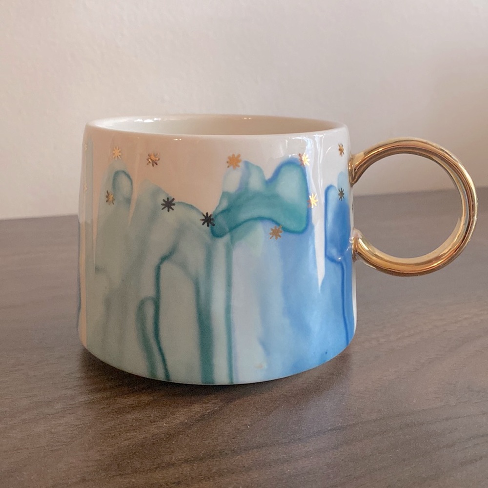 Anthropologie Starry Night Sky Coffee Tea Mug with Gold Handle (10 oz capacity)